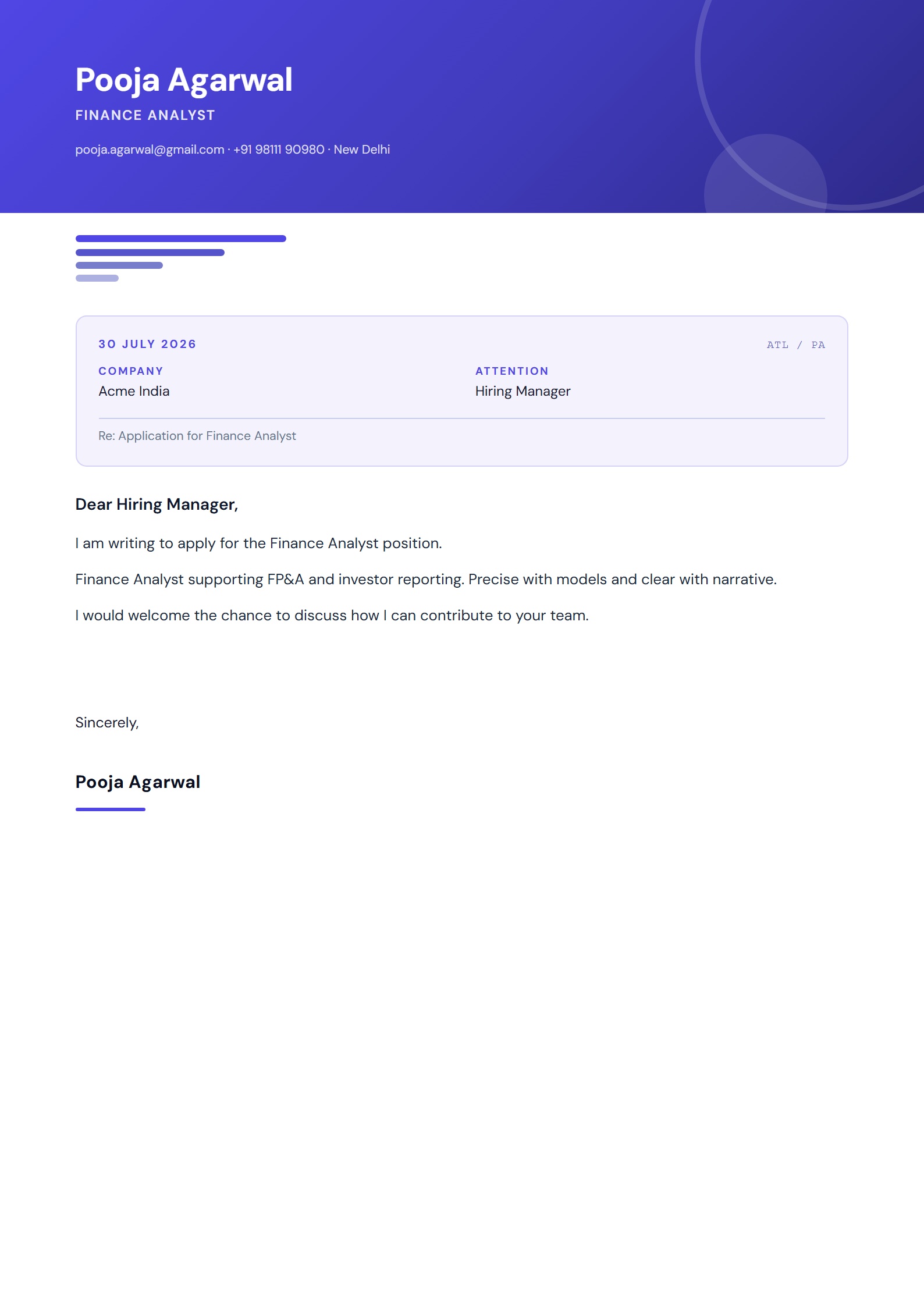 Atelier Cascade cover letter template preview