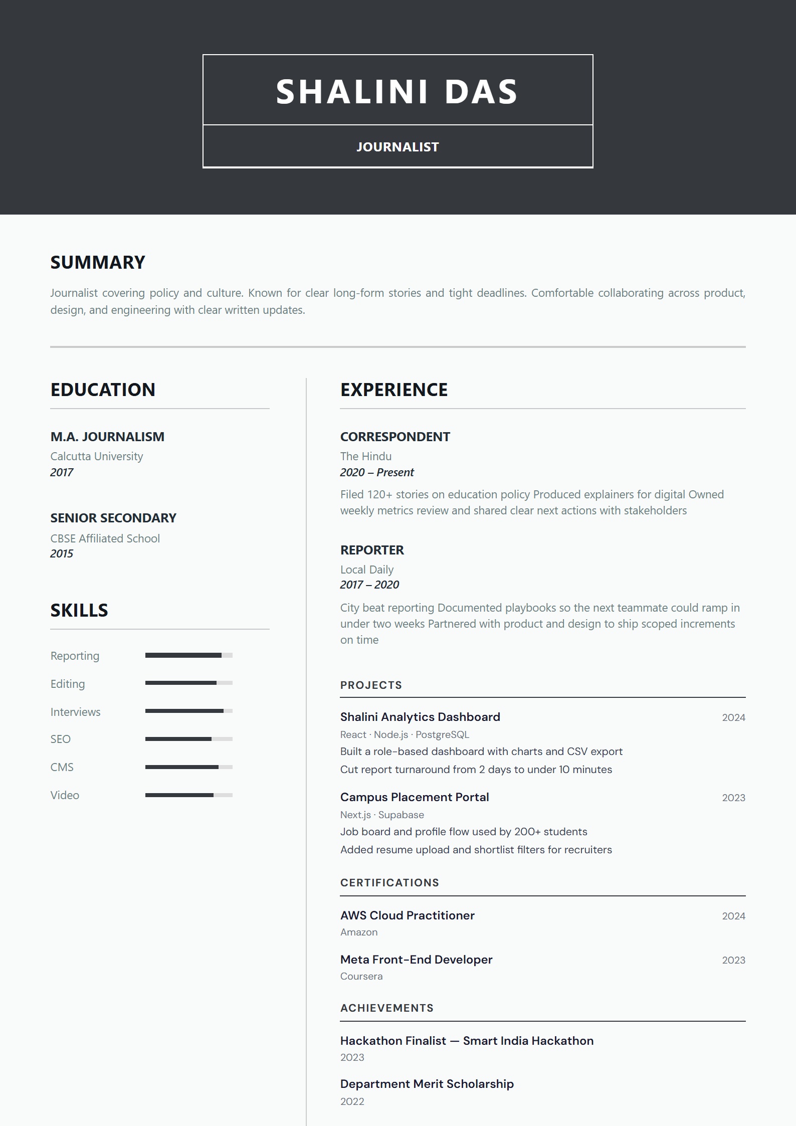Charcoal Frame resume template preview