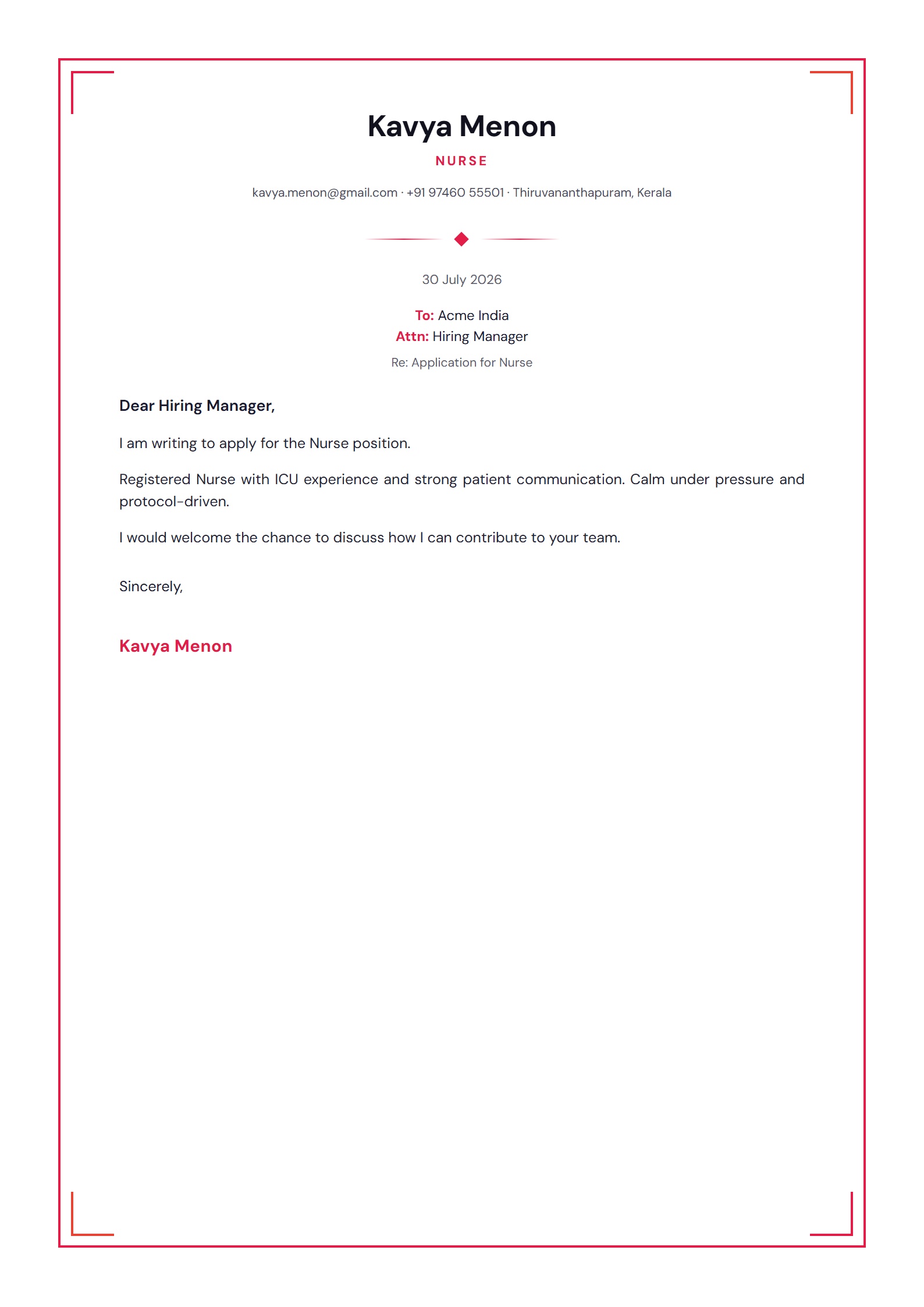 Coral Frame cover letter template preview