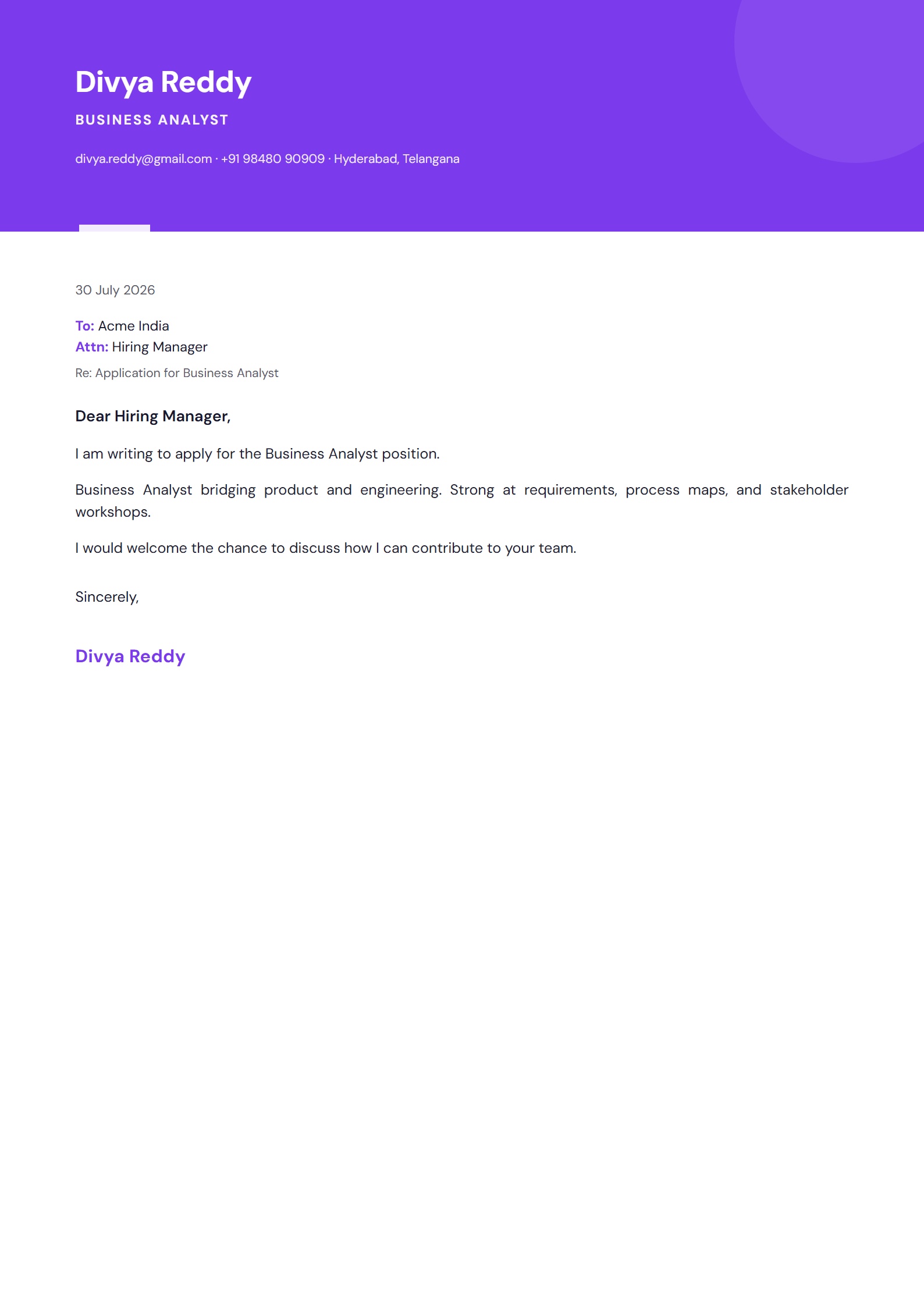 Creative Block cover letter template preview
