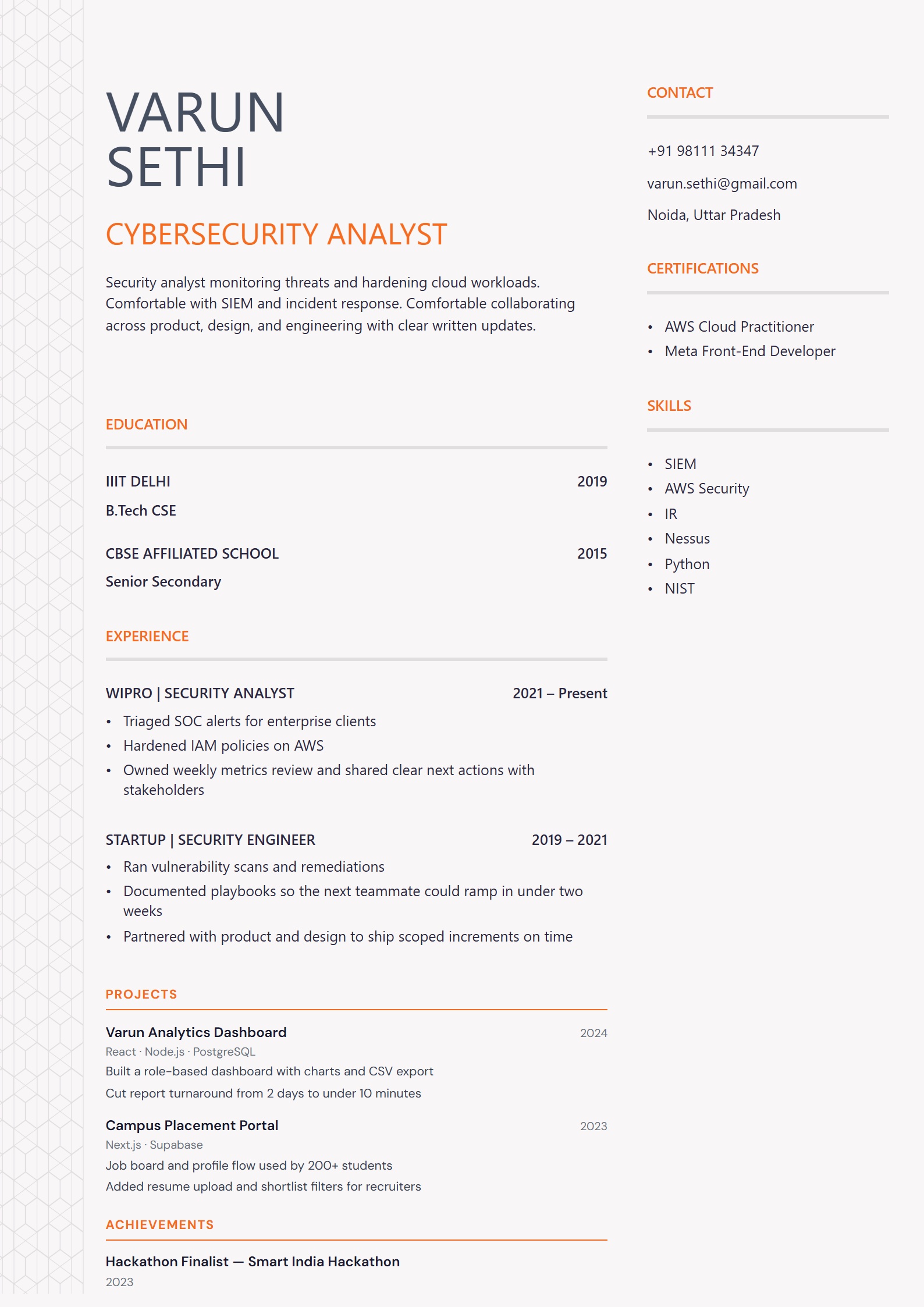 Ember Interior resume template preview