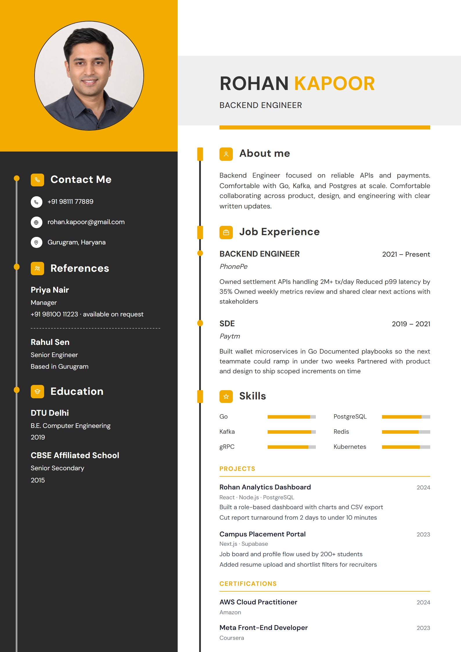 Ember Timeline resume template preview