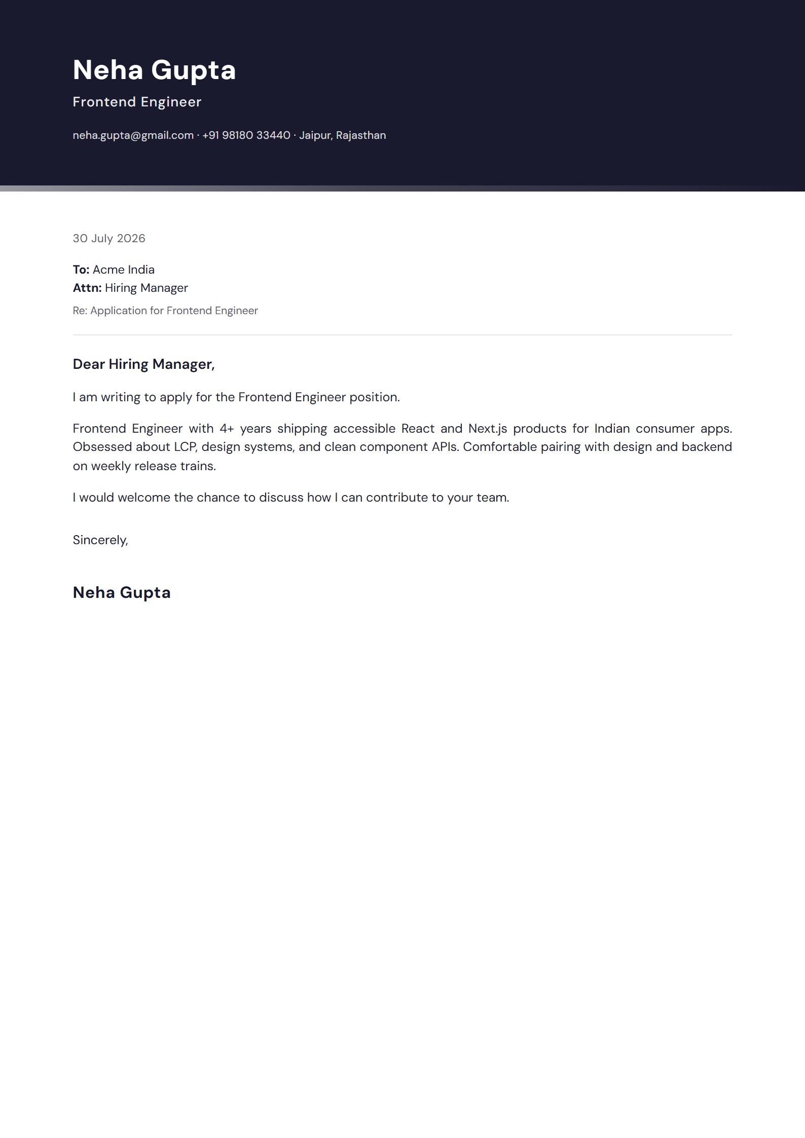 Executive Band cover letter template preview