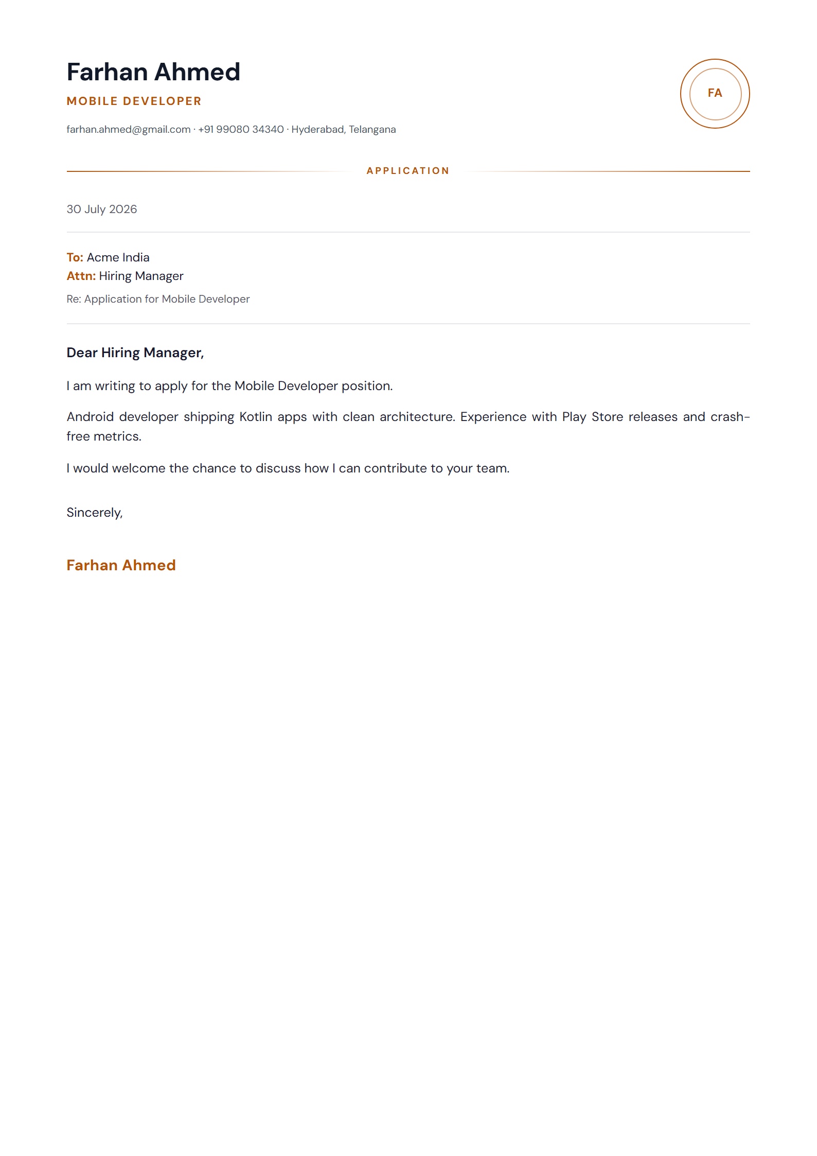 Folio Seal cover letter template preview