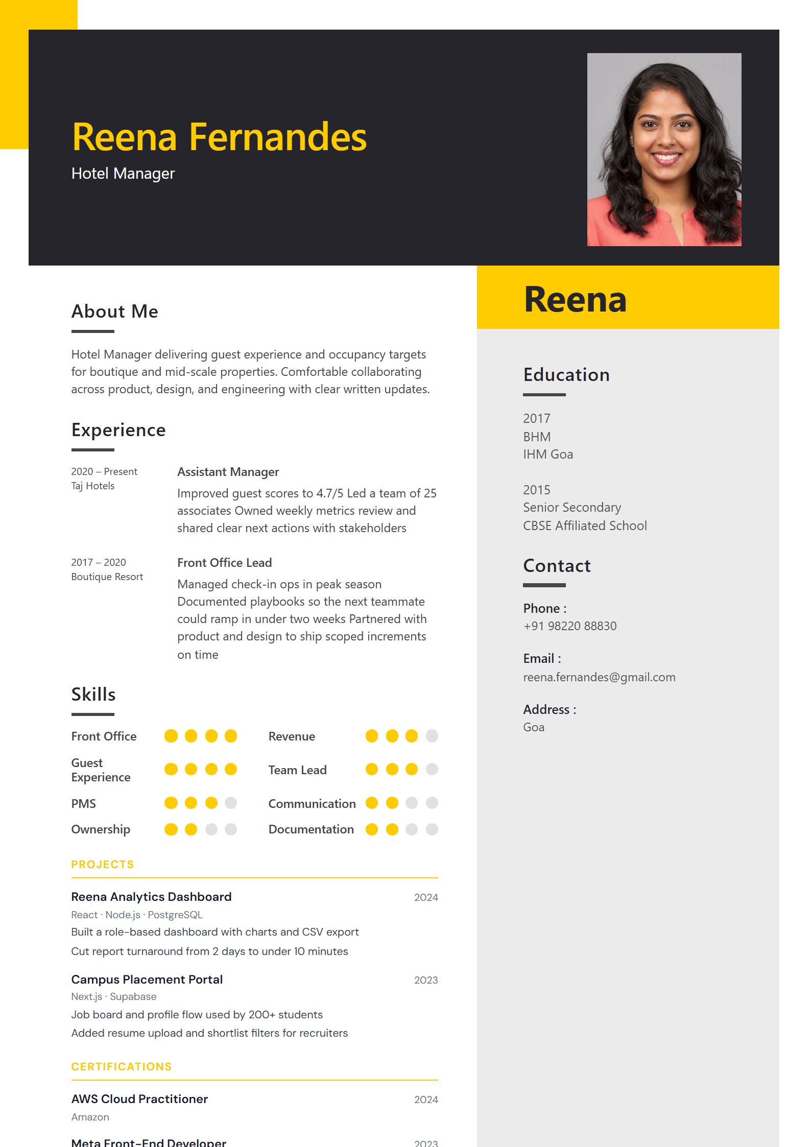 Goldfinch Fashion resume template preview
