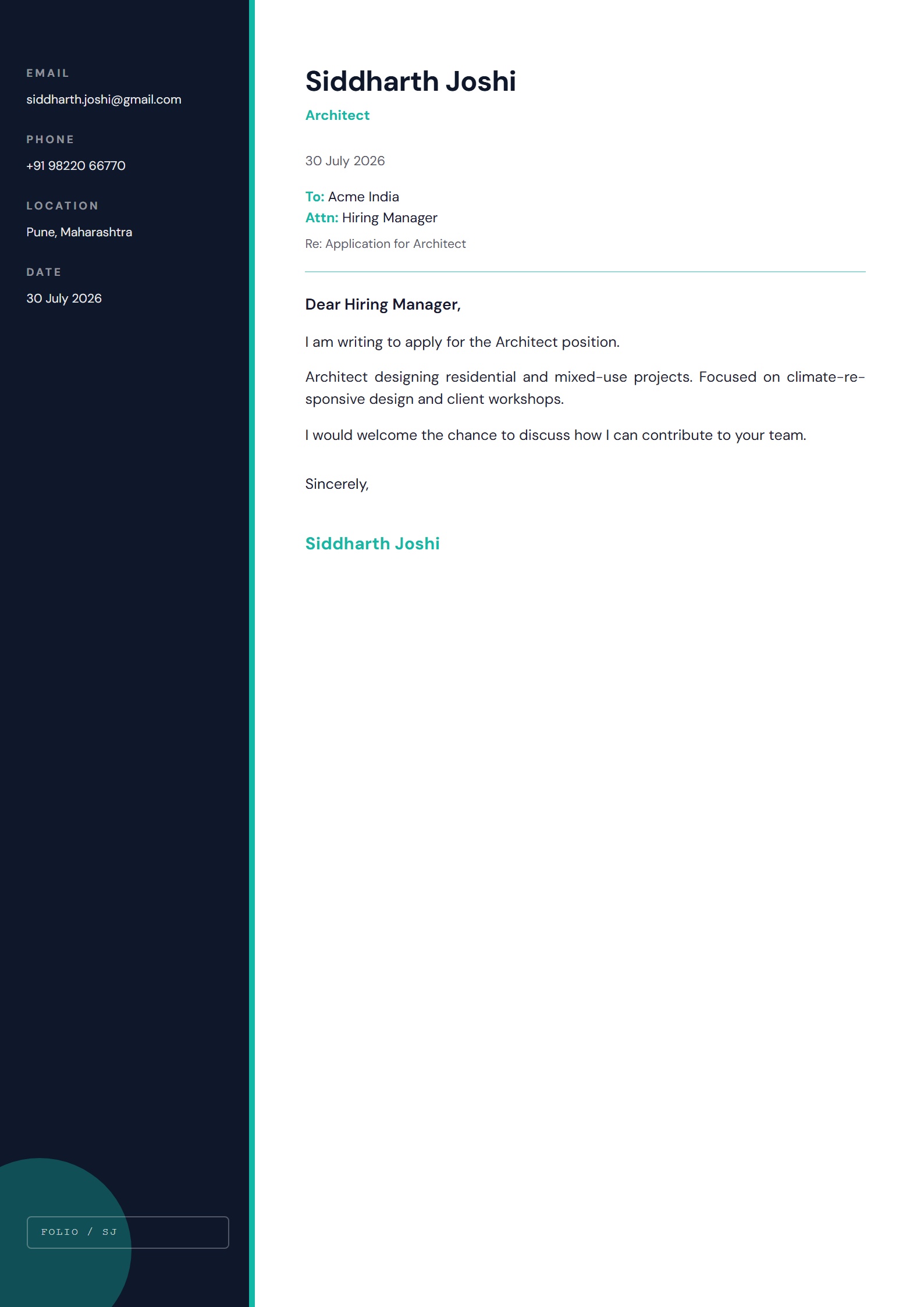 Ink Folio cover letter template preview
