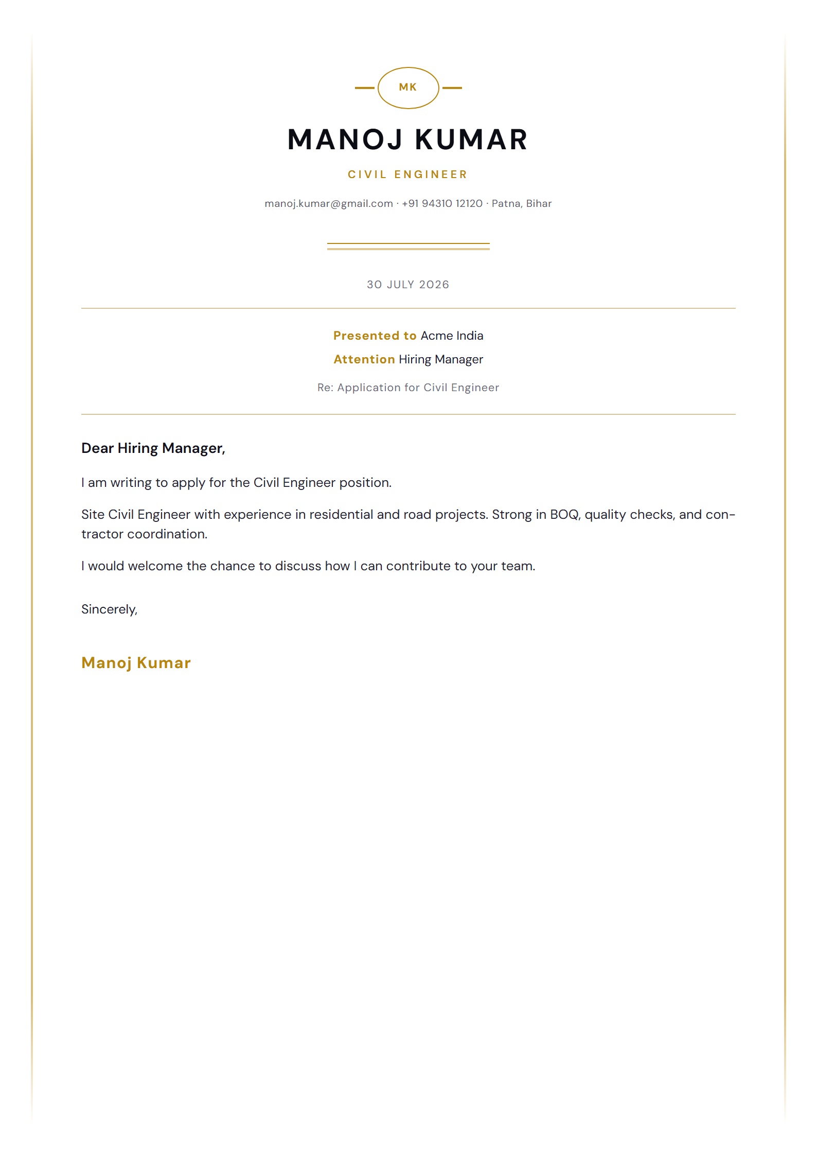 Maison Gold cover letter template preview