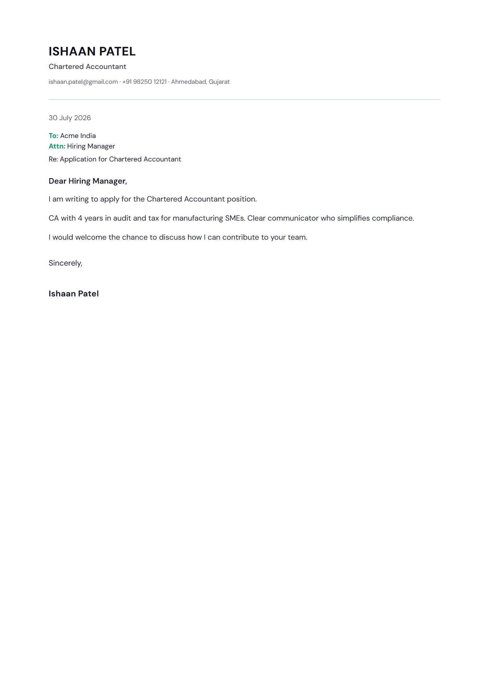Minimal ATS cover letter template preview