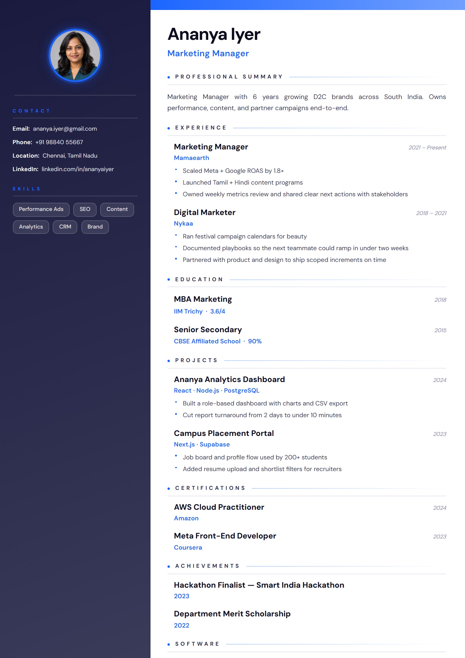 Modern Navy resume template preview