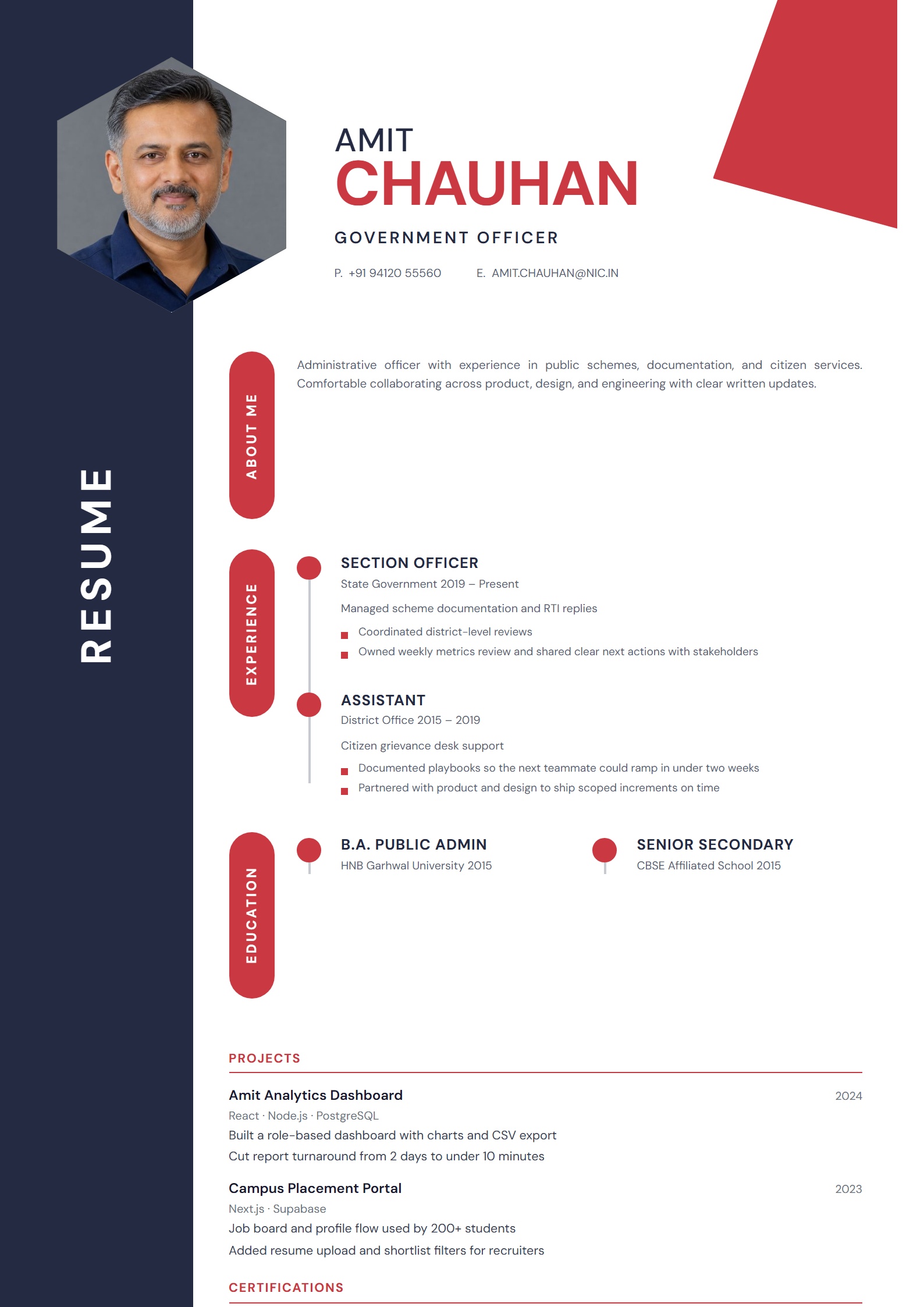 Navy Hexagon resume template preview