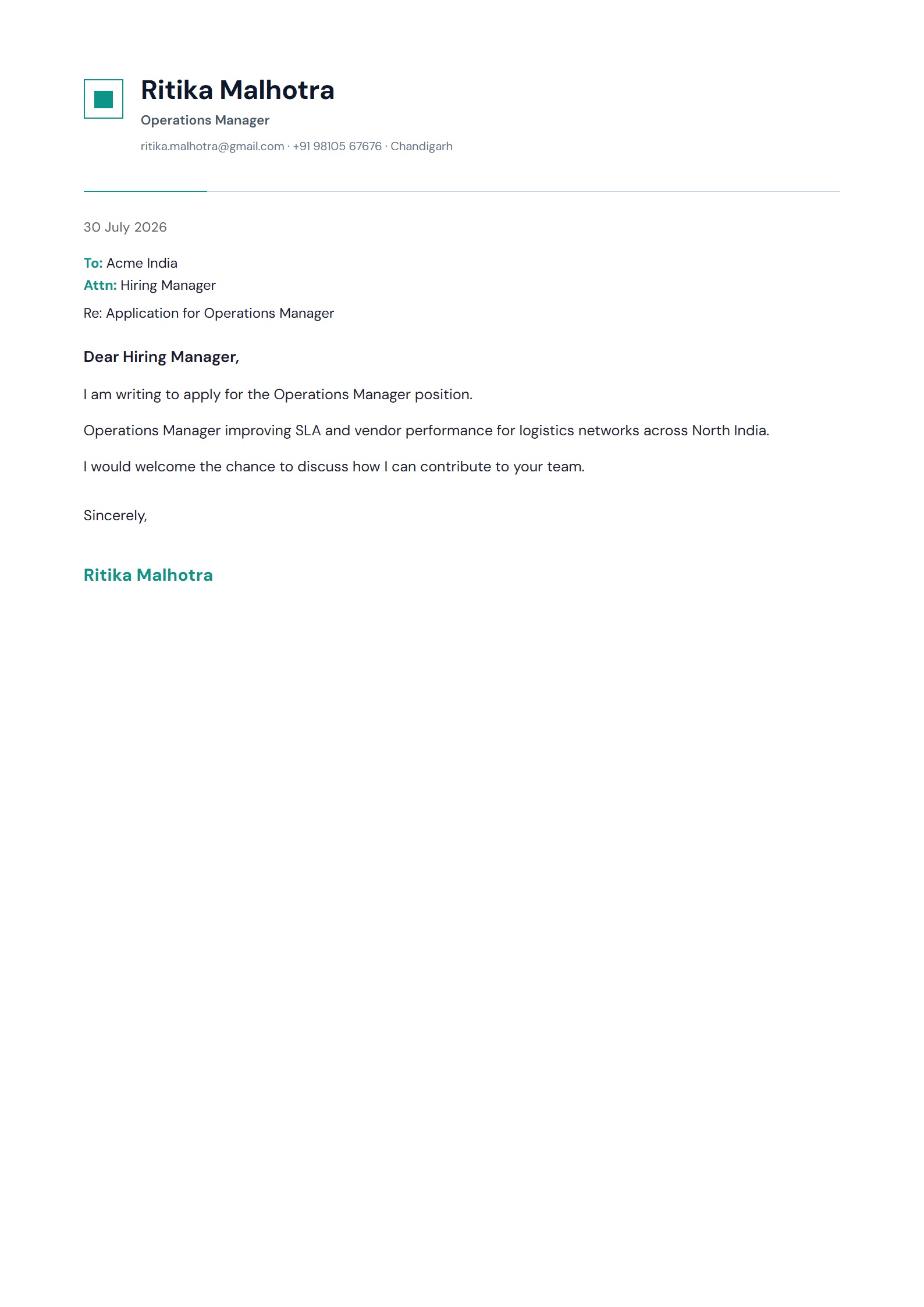 Nordic Mark cover letter template preview