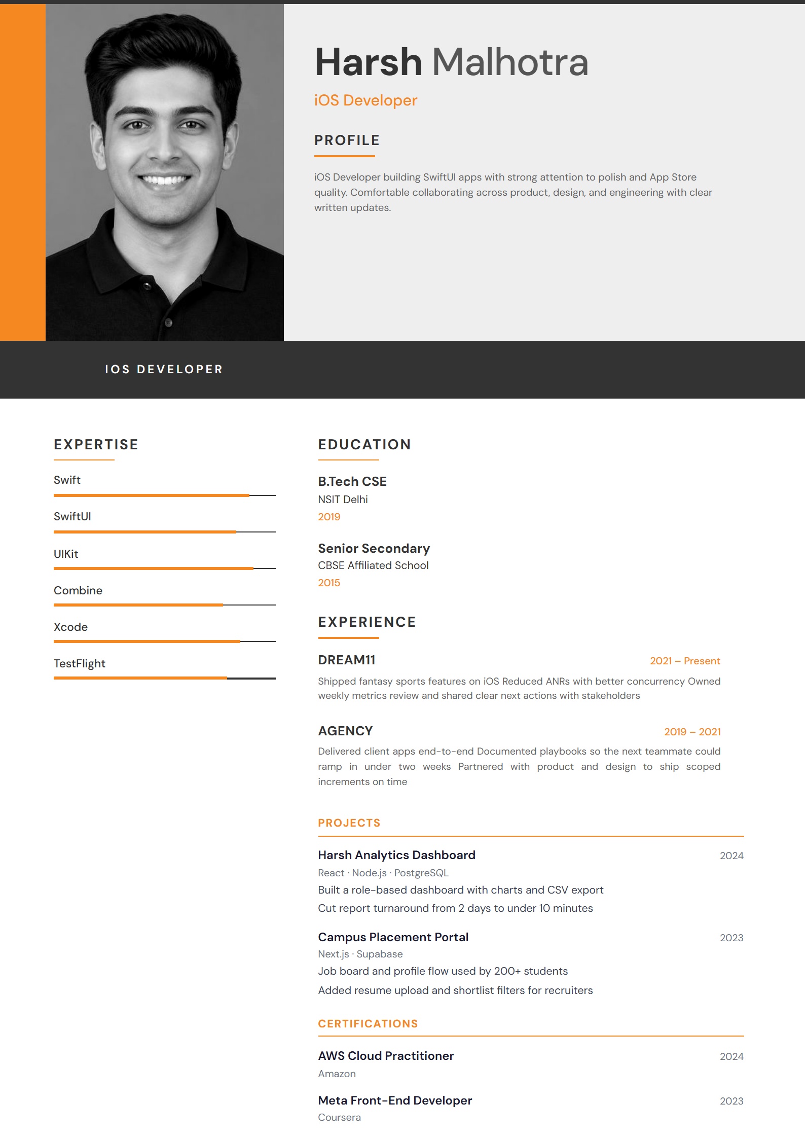 Orange Modern resume template preview