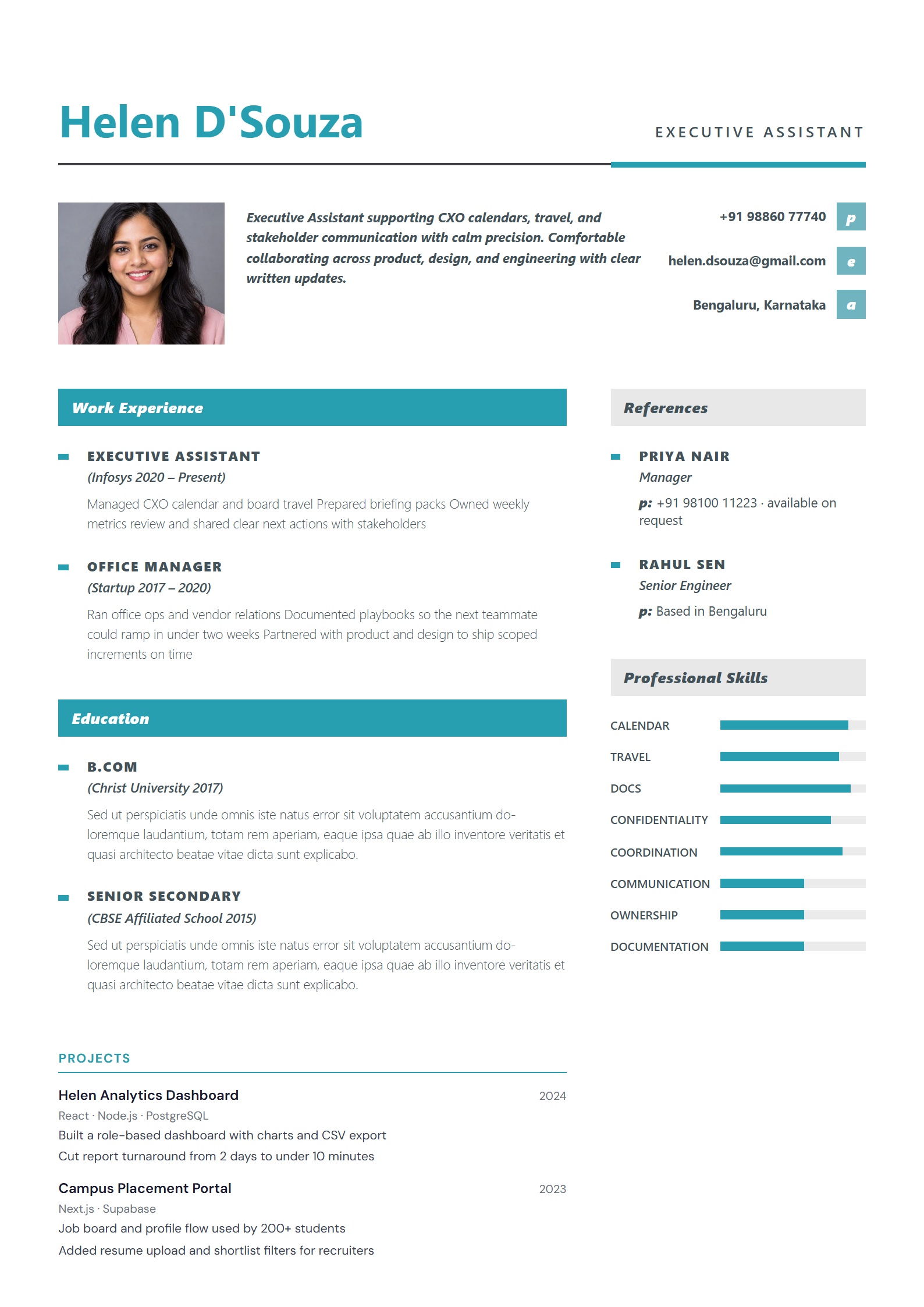 Teal Craft resume template preview