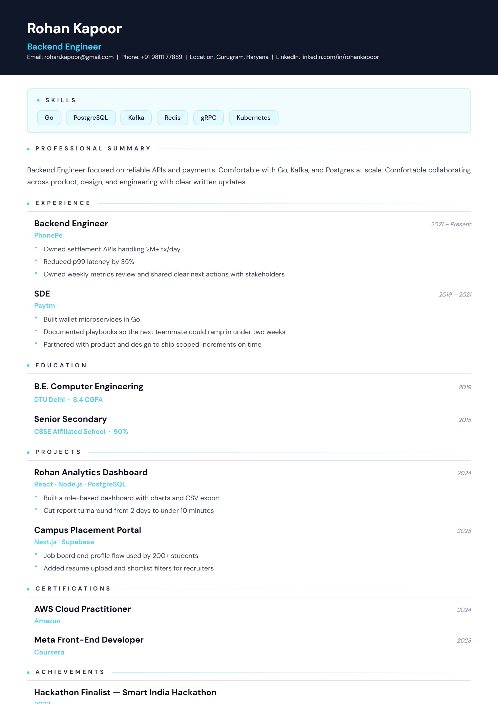 Tech Stack resume template preview
